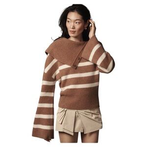 Maeve Off-the-Shoulder Brown and Cream Sweater